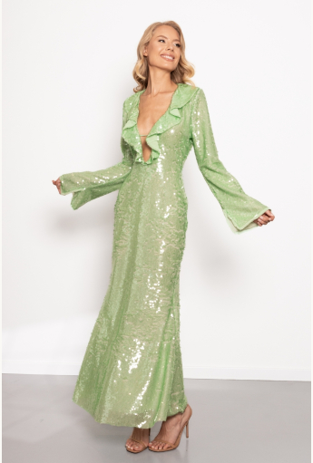 Green Ruffle-trim Sequinned Dress Rent B