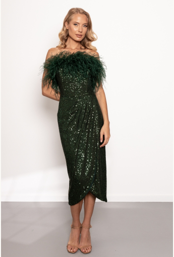 Green Sequin Ariana Feather Midi Dress