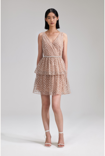 Tan Grid Sequin Mini Dress Rent B