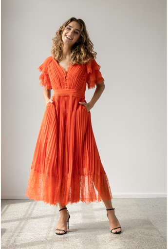 Orange Pleated Chiffon Midi Dress Rent B