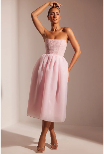 Embellished Corset Tulle Skirt Midi Dress