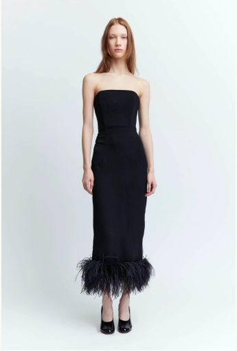 Feather Trimmed Midi Black Dress Rent B