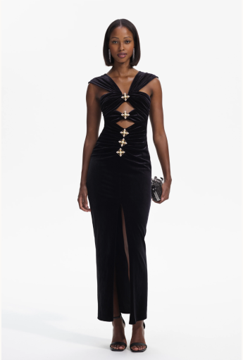 Black Velvet Cut-Out Slit Maxi Dress Rent B